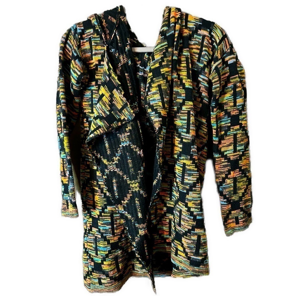 Cozy Casual Women’s Aztec Diamond Black Multicolor Open Hoodie Cardigan Sz M/L